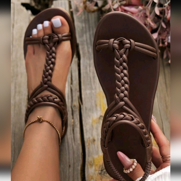 2024 New Summer Women  Deep Brown Woven Braided Strappy Beach Flat Sandals - Picture 6 of 7
